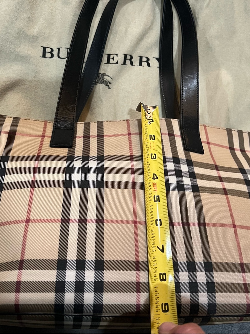 Burberry Beige Plaid Tote with Black Leather Handles